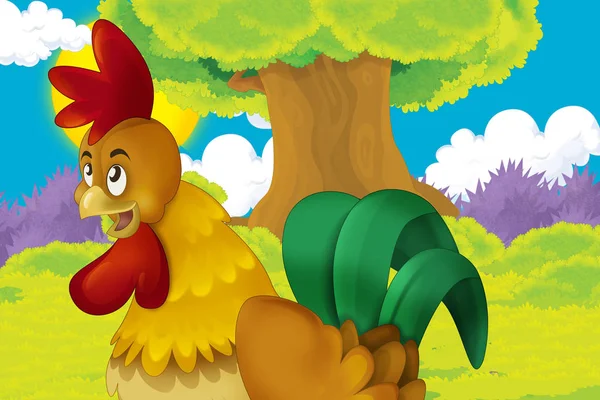 Cartoon-Farm glückliche Szene mit stehendem Hahn und Hühnerfarm-Vögeln - Illustration für Kinder — Stockfoto