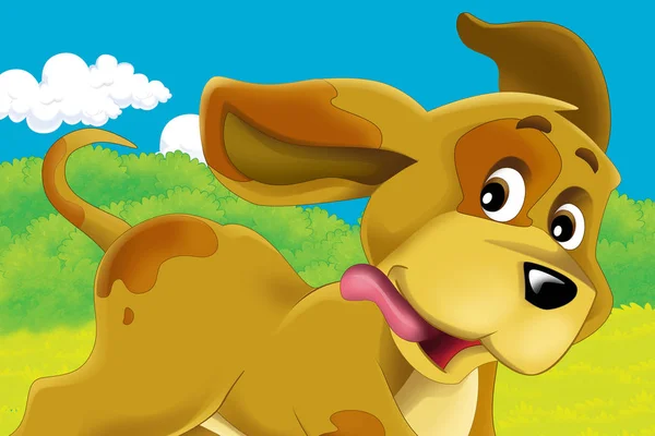 Scena dei cartoni animati con cane in una fattoria divertirsi - illustrazione per bambini — Foto Stock