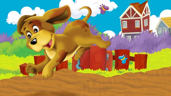 Σκηνή κινουμένων σχεδίων με το σκυλί σε ένα αγρόκτημα διασκεδάζοντας - εικονογράφηση για τα παιδιά — Φωτογραφία Αρχείου