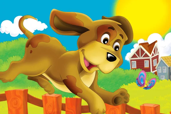 Escena de dibujos animados con perro en una granja divirtiéndose - ilustración para niños —  Fotos de Stock
