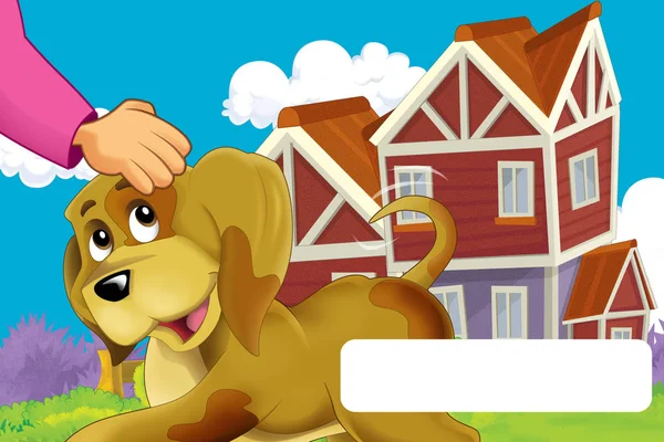 Cartoon scene with dog on a farm having fun with frame for text - illustration for children — Stock Photo, Image