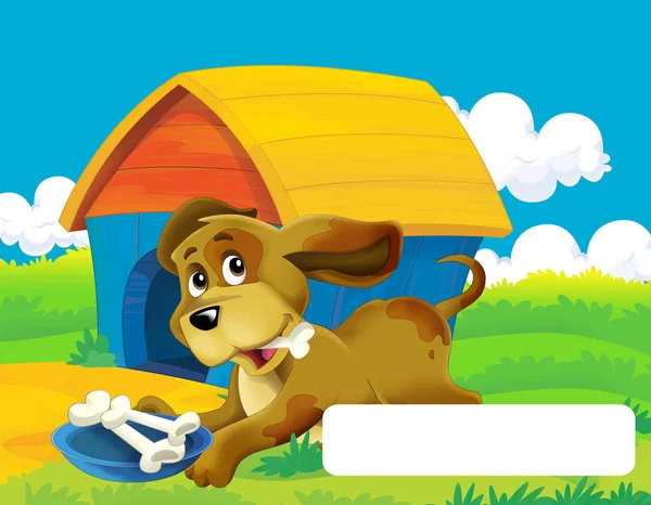 Cena dos desenhos animados com cão em uma fazenda se divertindo com quadro para texto - ilustração para crianças — Fotografia de Stock