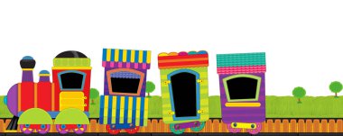 Çayırda yürüyen komik görünüşlü buhar treni. Sahnede beyaz arka planı olan kimse yok. Çocuklar için illüstrasyon.