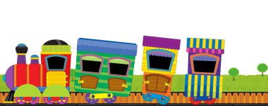 Çayırda yürüyen komik görünüşlü buhar treni. Sahnede beyaz arka planı olan kimse yok. Çocuklar için illüstrasyon.
