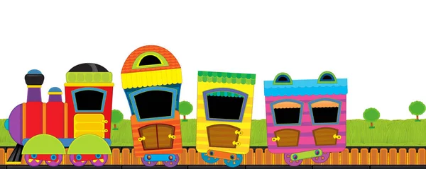 Kreskówkowy śmiesznie wyglądający pociąg parowy przechodzący przez łąkę z nikim na scenie z białym tłem dla tekstu - ilustracja dla dzieci — Zdjęcie stockowe
