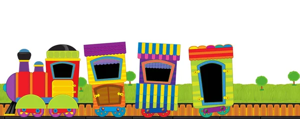 Cartone animato divertente cercando treno a vapore che attraversa il prato con nessuno sul palco con sfondo bianco per il testo - illustrazione per i bambini — Foto Stock