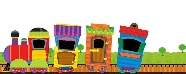 Tecknad rolig ser ångtåget går genom ängen med ingen på scenen med vit bakgrund för text - illustration för barn — Stockfoto