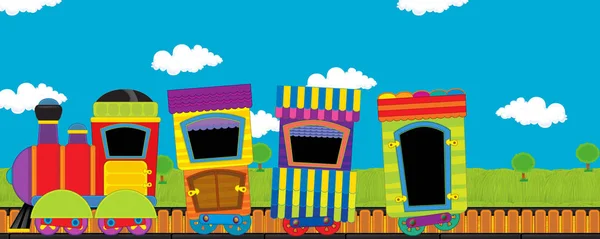Cartone animato divertente cercando treno a vapore che attraversa il prato con nessuno sul palco - illustrazione per bambini — Foto Stock
