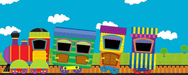 Dibujo animado divertido tren de vapor que va a través del prado sin nadie en el escenario - ilustración para los niños —  Fotos de Stock