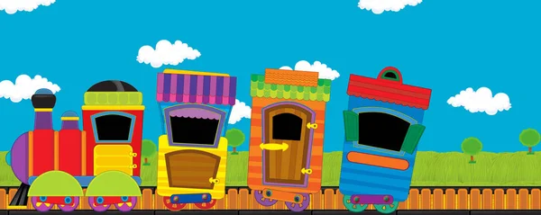 Dibujo animado divertido tren de vapor que va a través del prado sin nadie en el escenario - ilustración para los niños —  Fotos de Stock