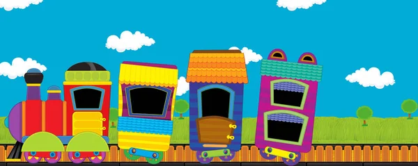 Kreskówkowy śmiesznie wyglądający pociąg parowy przechodzący przez łąkę z nikim na scenie - ilustracja dla dzieci — Zdjęcie stockowe