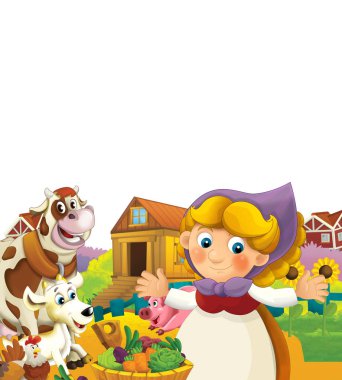 Mutlu bir kadının çiftlikte çalıştığı çizgi film sahnesi. Çocuklar için beyaz arkaplanda durup gülümsüyor.