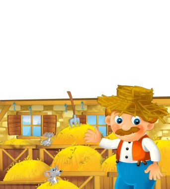 Mutlu bir adamın çiftlikte çalıştığı çizgi film sahnesi. Çocuklar için beyaz arkaplanda durup gülümsüyor.