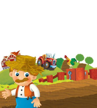 Mutlu bir adamın çiftlikte çalıştığı çizgi film sahnesi. Çocuklar için beyaz arkaplanda durup gülümsüyor.