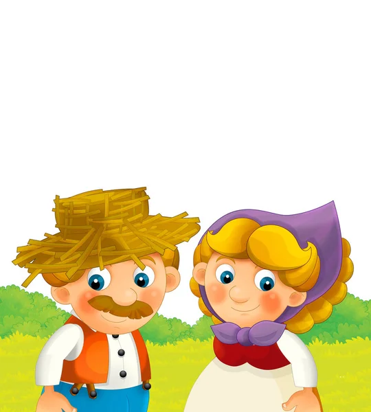Dessin animé scène de ferme heureuse - couple de la ferme homme et femme heureux sur fond blanc illustration pour les enfants — Photo