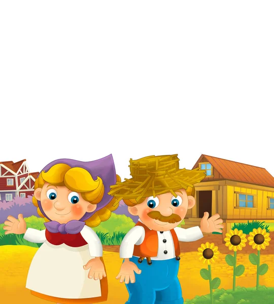 Cartoon gelukkig boerderij scene - boerderij paar man en vrouw gelukkig op witte achtergrond - illustratie voor kinderen — Stockfoto