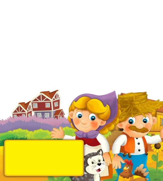 Cartoon boldog farm jelenet - farm pár férfi és nő boldog fehér háttér - illusztráció gyerekeknek — Stock Fotó