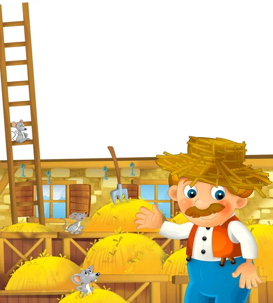 Cartoon scene with happy man working on the farm standing and smiling on white background illustration for children — Stock Photo, Image