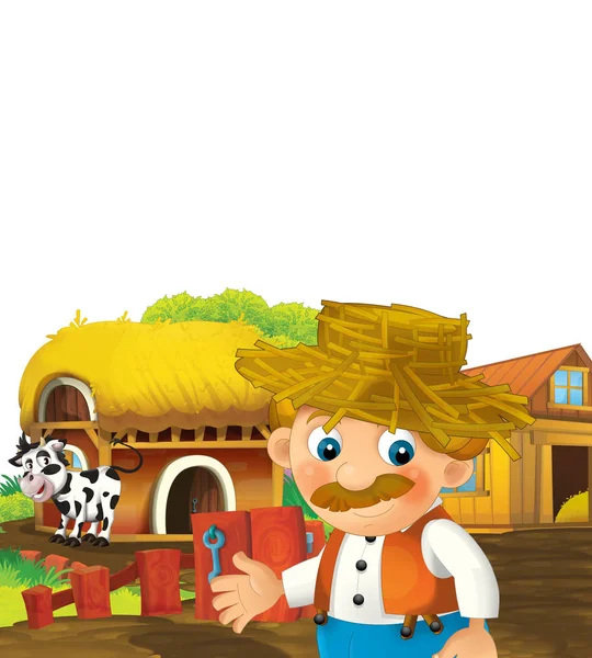 Cartoon scene with happy man working on the farm standing and smiling on white background illustration for children — Stock Photo, Image