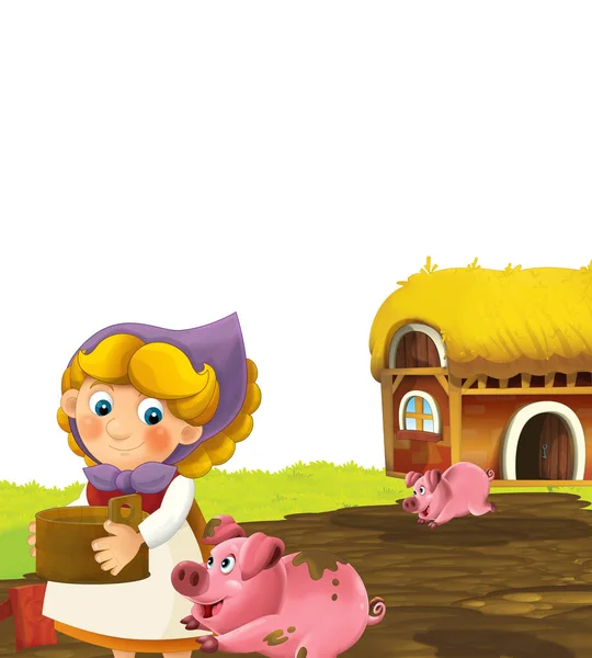 Cena dos desenhos animados com mulher feliz trabalhando na fazenda de pé e sorrindo no fundo branco ilustração para crianças — Fotografia de Stock