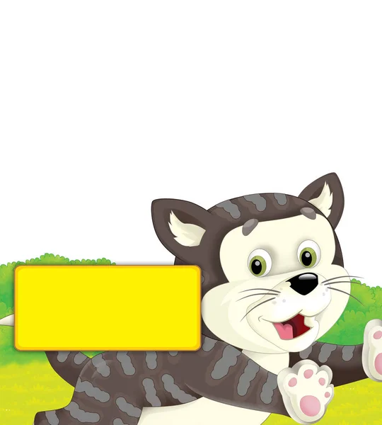 Scena dei cartoni animati con gatto divertirsi in fattoria su sfondo bianco - illustrazione per bambini — Foto Stock