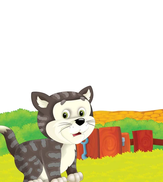 Escena de dibujos animados con gato divirtiéndose en la granja sobre fondo blanco - ilustración para niños —  Fotos de Stock