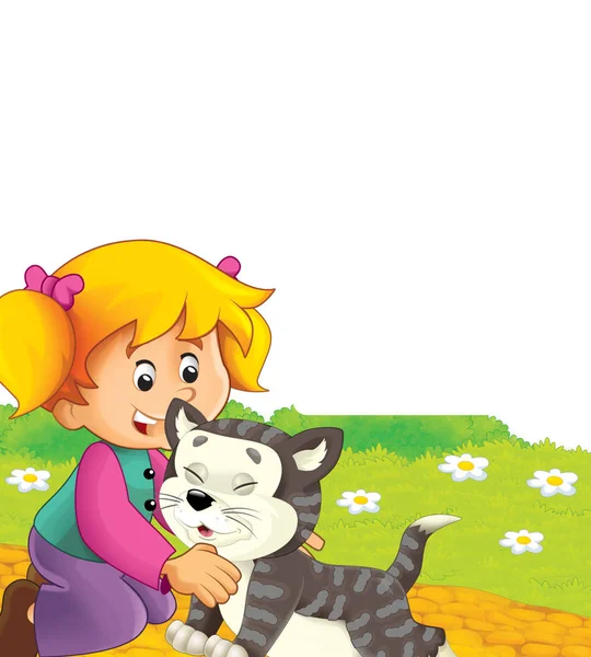 Cena dos desenhos animados com gato se divertindo na fazenda em fundo branco - ilustração para crianças — Fotografia de Stock