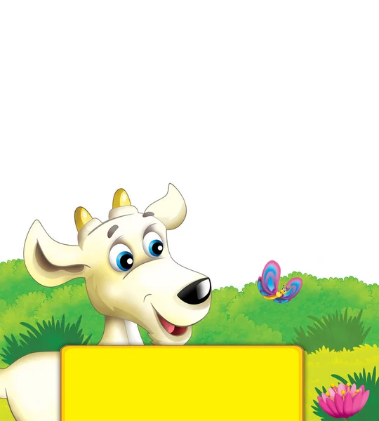 Cena de fazenda de desenhos animados com cabra animal se divertindo no fundo branco - ilustração para crianças — Fotografia de Stock