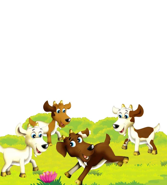 흰 배경에서 동물 염소가 재미있게 노는 만화 농장 풍경 - 아이들을 위한 삽화 — 스톡 사진