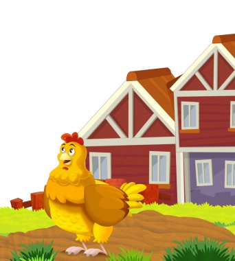 Hayvan tavuk kuşunun beyaz arka planda eğlendiği çizgi film sahnesi - çocuklar için illüstrasyon