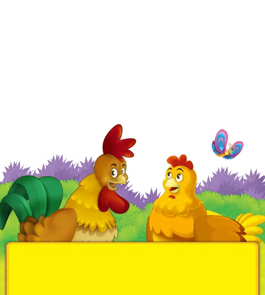 Cartoon farm scene with animal chicken bird having fun on white background with space for text - illustration for children