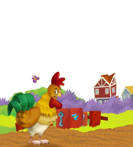Cartoon Farm scena con uccello pollo animale divertirsi su sfondo bianco con spazio per il testo - illustrazione per bambini — Foto Stock