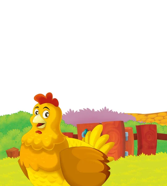 Cartoon farm scene with animal chicken bird having fun on white background with space for text - illustration for children — Stock Photo, Image