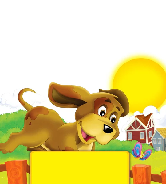 Escena de dibujos animados con perro en una granja divirtiéndose sobre fondo blanco - ilustración para niños — Foto de Stock