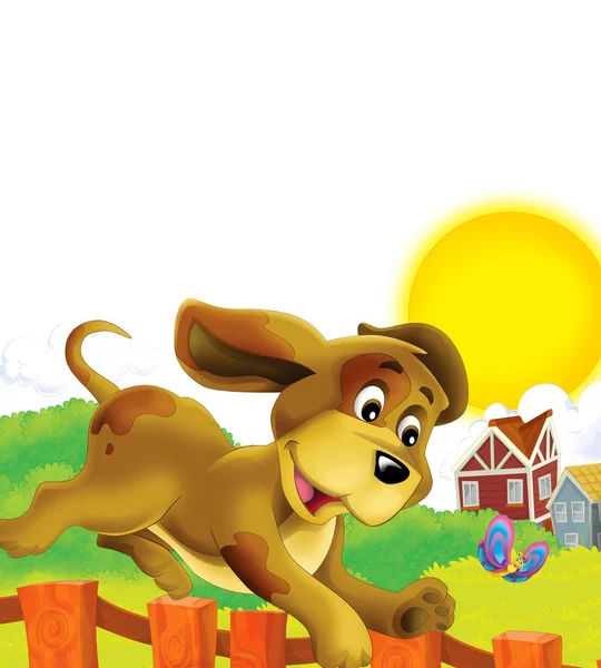 Scena del cartone animato con cane in una fattoria divertirsi su sfondo bianco - illustrazione per bambini — Foto Stock