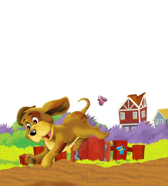 Cena dos desenhos animados com cão em uma fazenda se divertindo no fundo branco - ilustração para crianças — Fotografia de Stock
