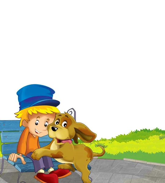 Escena de dibujos animados con perro en una granja divirtiéndose sobre fondo blanco - ilustración para niños — Foto de Stock