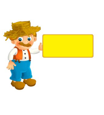 Çizgi film karakteri mutlu çiftçi beyaz arka planda kareyle yazılı - çocuklar için illüstrasyon