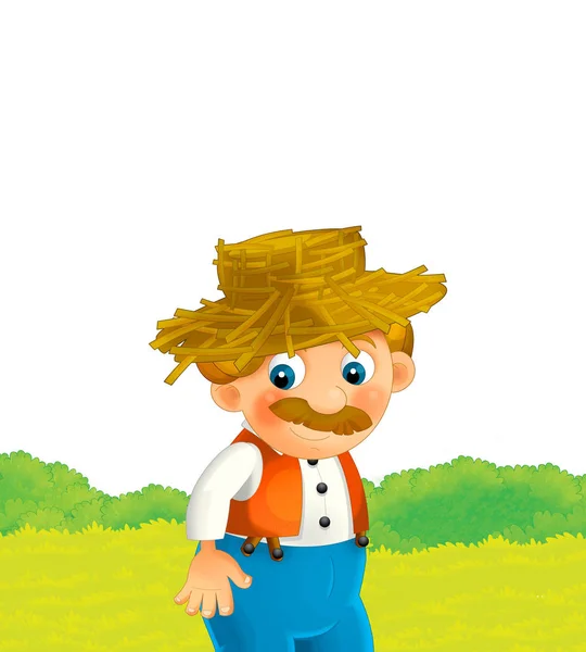 Γελοιογραφία χαρακτήρα αγρόκτημα ευτυχισμένος γεωργός άνθρωπος απομονώνονται σε λευκό φόντο - εικονογράφηση για τα παιδιά — Φωτογραφία Αρχείου