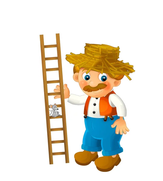 Cartoon boerderij karakter gelukkig boer man geïsoleerd op witte achtergrond met houten ladder- illustratie voor kinderen — Stockfoto