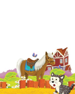 Kedi ve atın beyaz arka planda çiftlikte eğlendiği çizgi film sahnesi - çocuklar için illüstrasyon