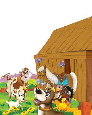 Köpeğin beyaz arka planda çiftlikte eğlendiği çizgi film sahnesi - çocuklar için illüstrasyon