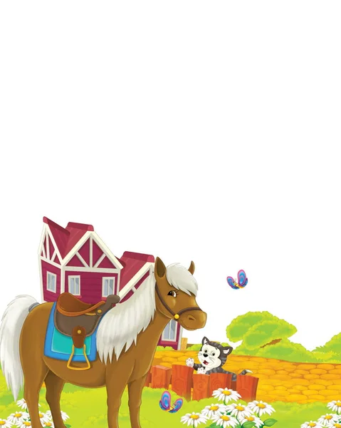 Scena kreskówek z kotem i koniem bawiących się w gospodarstwie na białym tle - ilustracja dla dzieci — Zdjęcie stockowe