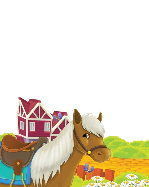 Scène de dessin animé avec cheval s'amusant à la ferme sur fond blanc illustration pour les enfants — Photo