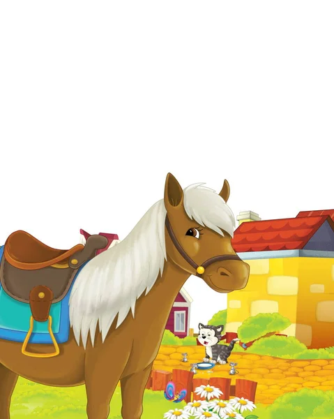 Cartoon scene with horse having fun on the farm on white background - illustration for children — Stock Photo, Image