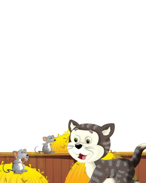 Kreslená scéna s kočkou baví na statku na bílém pozadí - ilustrace pro děti — Stock fotografie