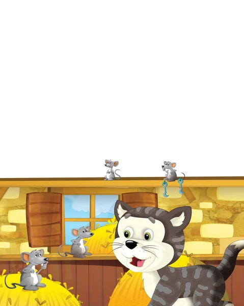 Cena dos desenhos animados com gato se divertindo na fazenda em fundo branco - ilustração para crianças — Fotografia de Stock