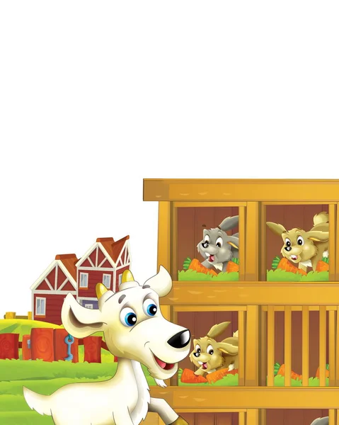 Cartoon farm scene with animal goat having fun on white background - illustration for children