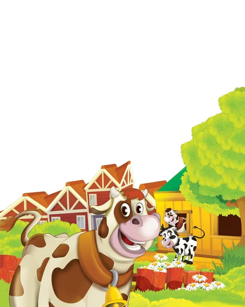 Scena dei cartoni animati con mucca divertirsi in fattoria su sfondo bianco - illustrazione per bambini — Foto Stock