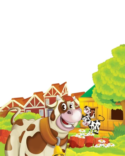 cartoon scene with cow having fun on the farm on white background - illustration for children